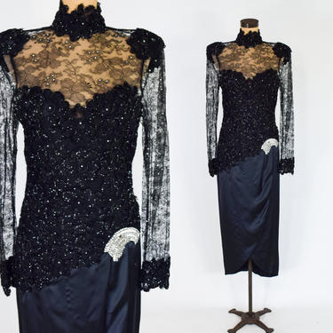 1980s Black Lace Evening Dress | 80s Black Lace &amp; Satin Evening Gown | Saks Fifth Avenue | Medium 
