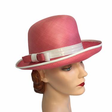 1960s Deadstock Mod Pink Straw Derby Hat with White Vinyl Accents 