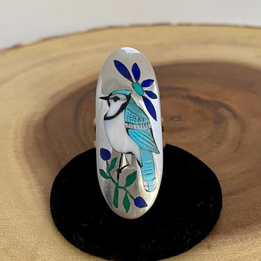 RARE BIRD Quintin Quam Large Inlay Silver Ring | Blue Jay Theme | Zuni Native American Southwestern Jewelry | Size 7 1/2 