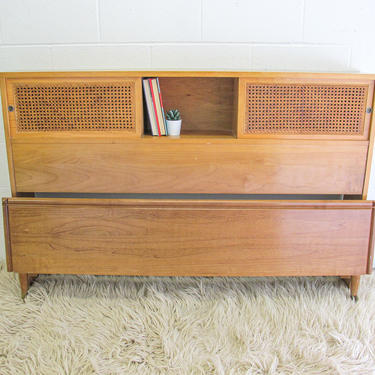 Mid-Century Modern Full/Double Sized Bed Frame with Cane Sliding Doors and Storage 