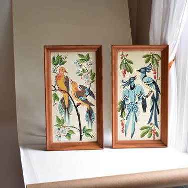Vintage Paint by Number Art | Pair of 2 Bold Mexican-inspired Vertical Paint-by-Numbers Paintings | Tropical Birds Yellow Orange Blue Green 