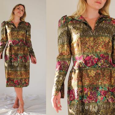 Vintage 80s Pauline Trigere for Amen Wardy Floral Striped Silk Brocade Poof Shoulder Dress | Made in USA | 100% Silk | 1980s Designer Dress 