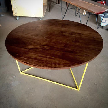 Modern Round Coffee Table with Solid Walnut Top and Triangle Steel Base 