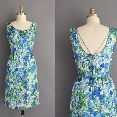 1950s vintage dress | I.MAGNIN Blue Floral Silk Cocktail Party Wiggle Dress | Small | 50s dress 