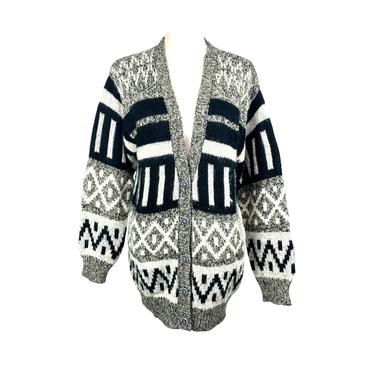 Vintage Cardigan Sweater 80's Southwestern Print Diversity Brand Button Up V Neck Cardigan Black Gray White Size M 