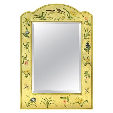 Midcentury Style Wall Mirror with Painted Birds &amp; Flowers