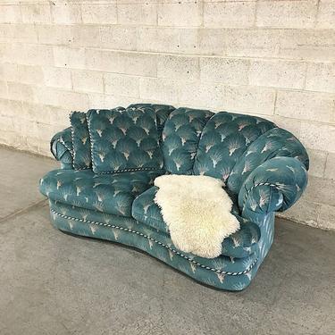 LOCAL PICKUP ONLY Vintage Chenille Loveseat Retro 1990's Blue Seashell Printed Plush Couch Two Seater with 2 Cushions and Throw Pillows 