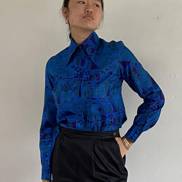 70s thai silk blouse / vintage cobalt blue block print long pan collar raw silk blouse | S 