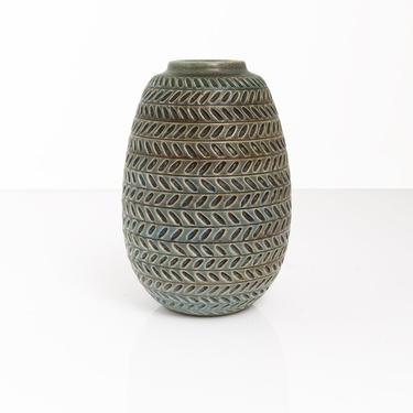Gertrud Lonegren textured neutral blue and green vase, Rorstrand, 1940's