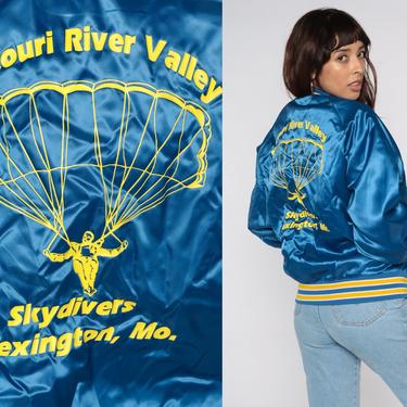80s Satin Bomber Jacket Missouri River Valley Sky Divers Blue Baseball Jacket Sky Diving Jacket 1980s Snap Up Streetwear Small Medium 