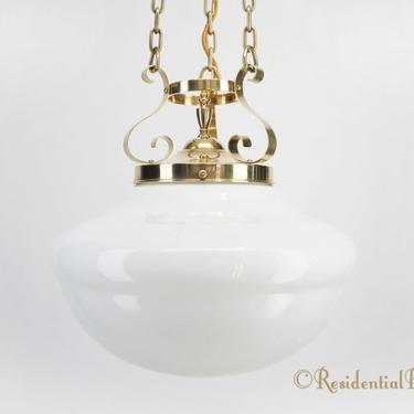 3-chain polished brass pendant light with milk glass globe, circa 1920s