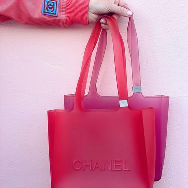 RARE Vintage CHANEL Red Clear Rubber Jelly Beach Tote Hand Bag Gym Purse Shopper 
