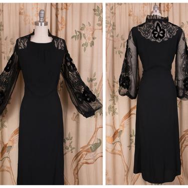 1930s Dress - The Girion Gown - Gorgeous 30s Gothic Black Dress with Sheer Net Balloon Sleeves Embellished with Soutache and Applique 
