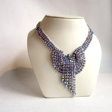 Vintage 1960s Sparkling Pink and Blue Aurora Borealis Rhinestone Cocktail Choker Necklace Wedding Season Gift Jewelry 