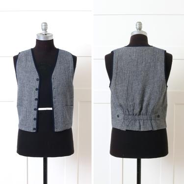 mens vintage linen vest • 1990s casual Browns Beach Jacket style woven blue & ivory waistcoat 