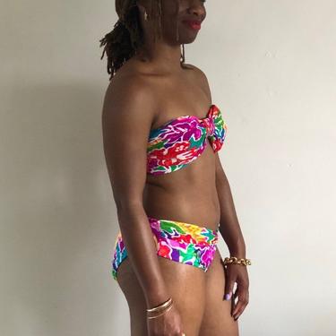 90s Oscar de la Renta bikini swim suit bathing suit / vintage neon tropical floral two piece bandeau strapless bikini swimsuit | M 