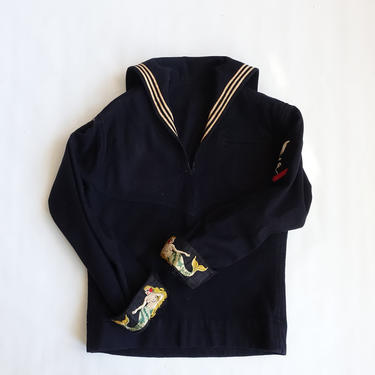 Vintage 50s Sailor Jumper with Embroidered Mermaid Cuffs/ 1950s Navy Uniform Shirt/ Souvenir Embroidery/ Size Small 
