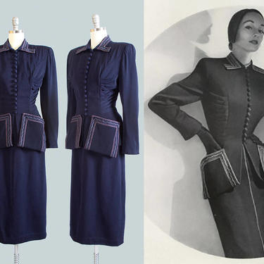 Vintage 1950s LILLI ANN Suit | 50s Navy Blue Wool Gabardine Tailored Fitted Peplum Blazer Jacket Pencil Skirt Set (small) 
