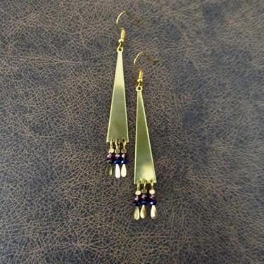 Brass chandelier earrings, boho geometric dangle earrings, gypsy earrings, unique earrings, bohemian, rustic earrings, purple crystal 