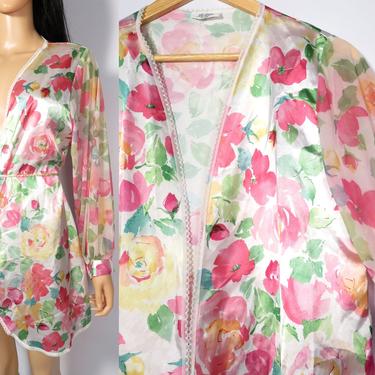 Vintage 90s Satin Silky Sheer Sleeve Watercolor Floral Print Loungewear Robe Made In USA Size M 