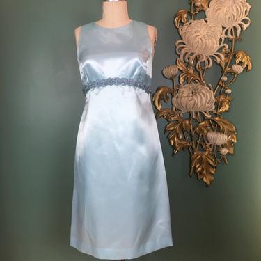 1960s cocktail dress, powder blue satin, vintage 60s dress, sleeveless sheath, size medium, empire waist, beaded dress, rhinestones, 28 