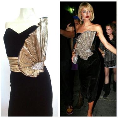 1980's DYNASTY Vintage gold LAME fan black velvet Dress embellished rhinestone strapless cocktail party dress gown size small 4 6 s 