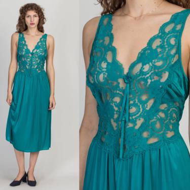 80s Adonna Teal Lace Midi Slip Dress - Large | Vintage Sheer Trim Nightgown 