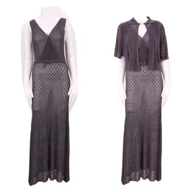 1930s crochet KNIT Art Deco dress M / vintage 1930s gray gown and jacket knitwear belted dress RARE 6-8 