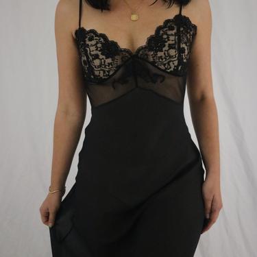 Vintage Black Lace + Silk Full Length Slip Dress - Medium 