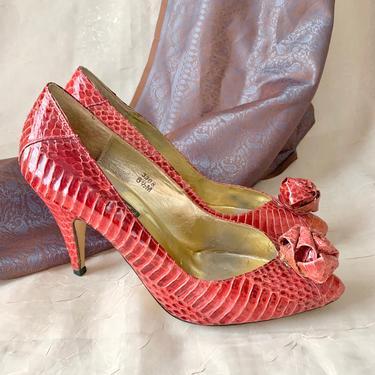 Lipstick Red Heels Sexy Bow At The Back Reptile Snakeskin Spike Stilettos Shoes Vintage 80s 