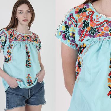 Soft Cotton Oaxacan Blouse / Turquoise Hand Embroidered Blouse / Made In Mexico Womens Pueble Top / A Line Frida Style Mexico Shirt 