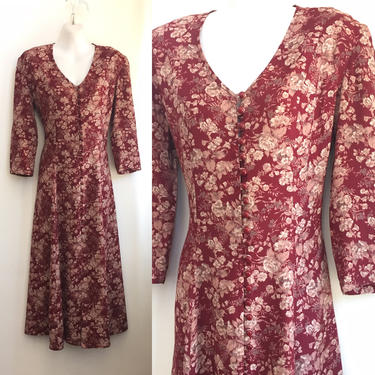 Vintage 80's Does Victorian ROSE Print Dress / Button Front + Lace Back Corset / JODY California / M 
