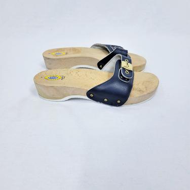 Vintage Navy Blue Leather Dr Scholls Wood Sandals Slides Clogs I Sz 7 