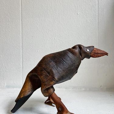 Stunning Deru Germany Brown Leather Raven Sculpture Figure, handcrafted pinched and riveted vintage midcentury 