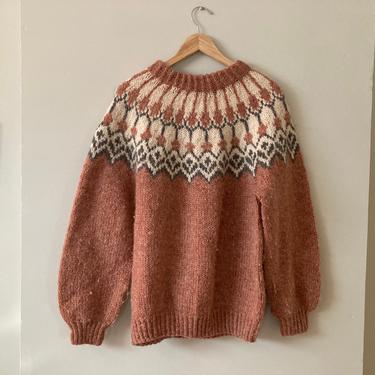 Vintage Pink, Gray, & Cream Fair Isle Wool Oversized Sweater Women’s Size Large / X-Large 