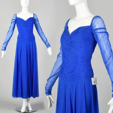 Large 1980s Dress Vicky Tiel Blue Mesh Gown Long Sheer Sleeves Ruched Bodice Sweetheart Neckline by StyleandSalvage