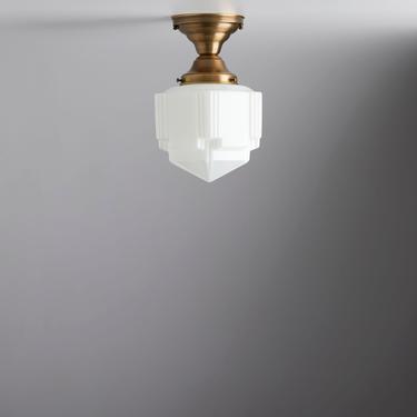 Art Deco - Semi flush mount - ceiling fixture -  sky scrapper - Brass deco light - opal glass 
