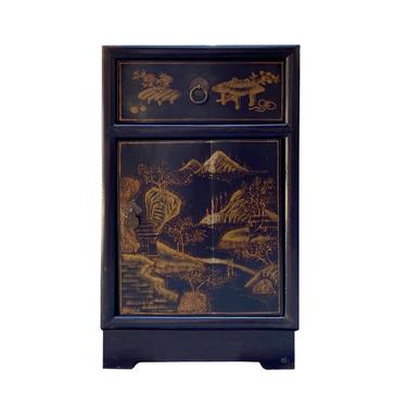 Chinese Distressed Dark Brown Golden Scenery Side Table Nightstand cs6183E 