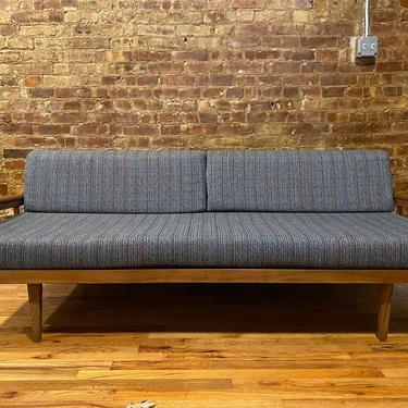 Mid century modern minimalist danish daybed sofa couch bed wood frame new upholstery blue knoll fabric side arms 