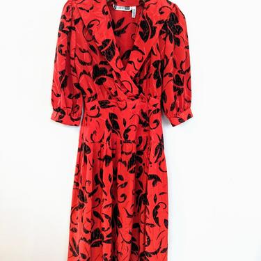 Red and Black Floral Print Vintage Dress