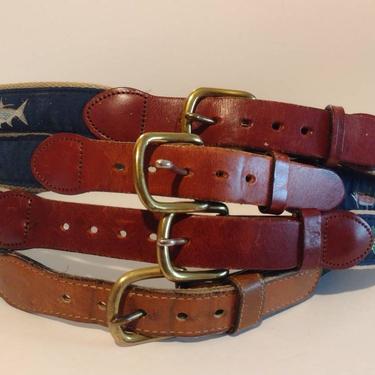 Vintage Orvis Leather Man &amp; Assorted Solid Brass Buckle Leather Belts Fishing Belt Made in USA 38&amp;quot; 