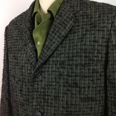 1950'S Flecked Sportcoat / Green with Black Nubby Tweed / 3 Button Jacket / Men's Size Medium 