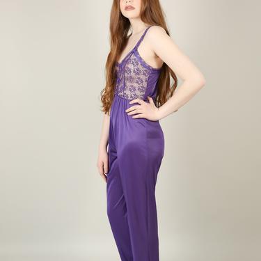 Vtg 60s - 70s Purple Lace Jumpsuit Slip / Sexy Lingerie Romper /  Small - medium 