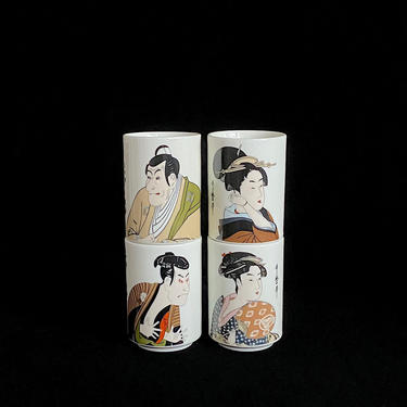 Vintage 1970s/1980s Set of 4 Geisha &amp; Samurai Sake Set of 4 Glasses KOTOBUKI Japan / San Francisco in ORIGINAL BOX 