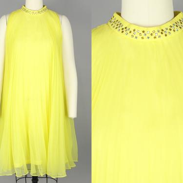 1960s Accordion Pleated Chiffon Dress | Vintage 60s Bright Yellow Cocktail Dress with Rhinestone Neckline | small 