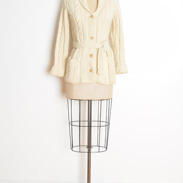 vintage 70s cardigan sweater cream cable knit hippie boho irish jumper top XS S clothing 