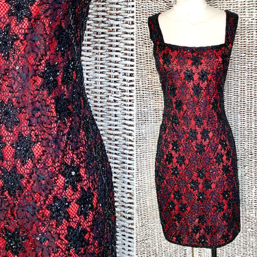Vintage 90s Beaded Cocktail Dress, All Over Sequins Beads, Lace, Sheath 