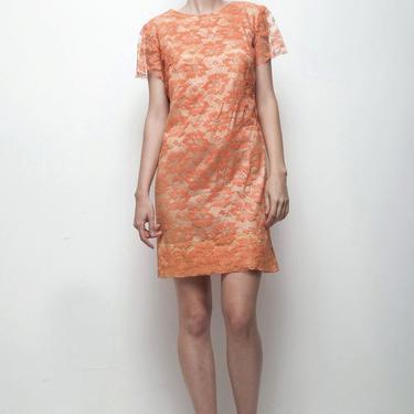 orange lace mini dress 1960s tangerine cocktail dress short sleeves SMALL S 