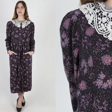 Laura Ashley Country Style Floral Dress Wide Lace Collar Vintage 80s Black Purple Prairie Americana Flannel Midi Maxi US 14 
