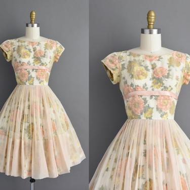 1950s vintage dress | Orange & Yellow Floral Print Sweeping Full Skirt Fall Chiffon Dress | XS | 50s dress 